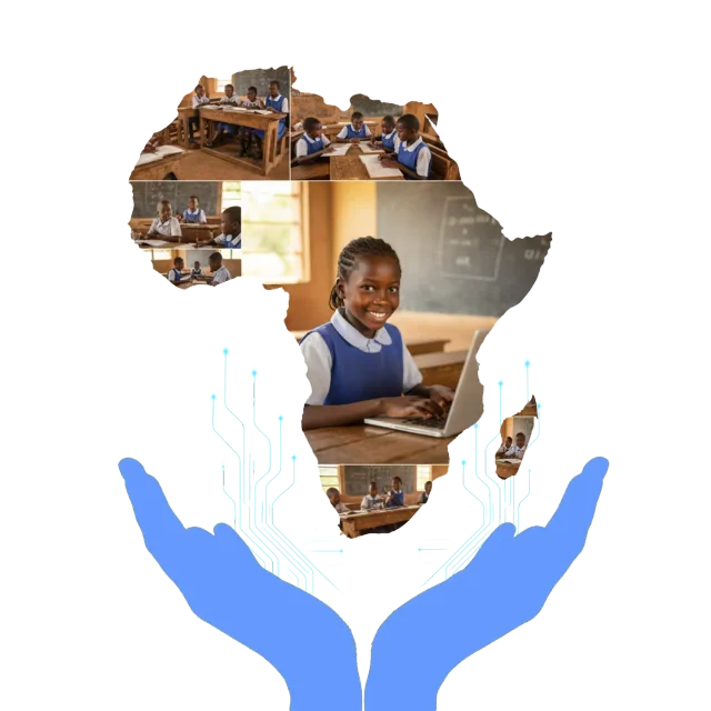 African student smiling while using a donated laptop, featured in the hero banner of Tech On Hand's website promoting digital access in Africa African student smiling while using a donated laptop, featured in the hero banner of Tech On Hand's website promoting digital access in Africa