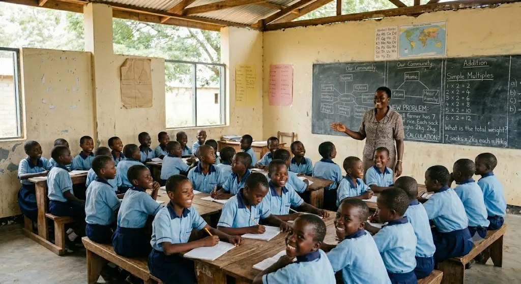 Teacher with students in a classroom representing Tech On Hand's mission to provide educational technology access in Africa Teacher with students in a classroom representing Tech On Hand's mission to provide educational technology access in Africa